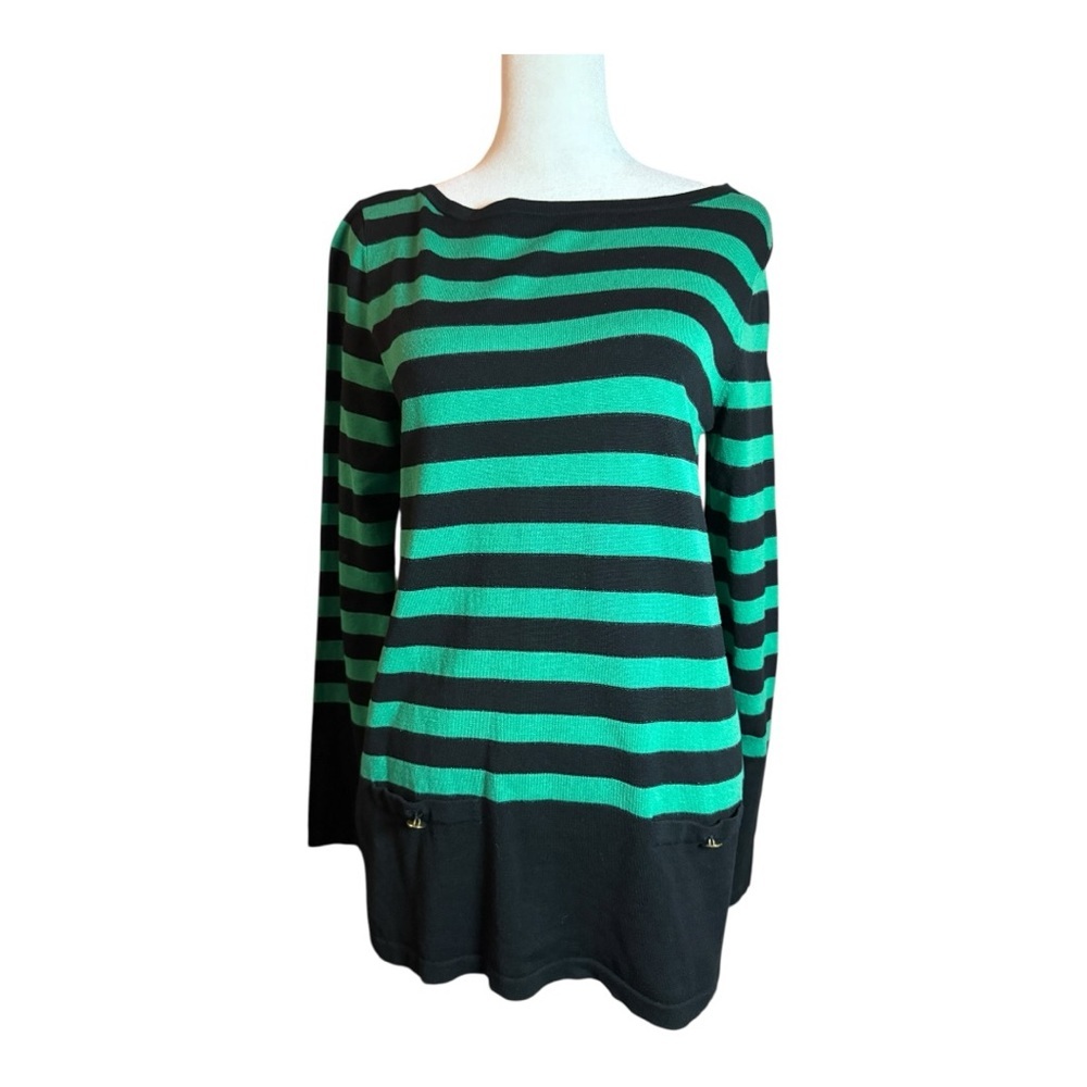 Jones New York Green and Black Striped Sweater Tunic Petite Small